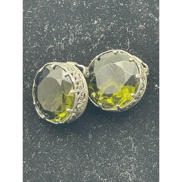 Vintage Made in Austria Dark Green Headlight Silver-tone Clip on Earrings HTF - Picture 13 of 16